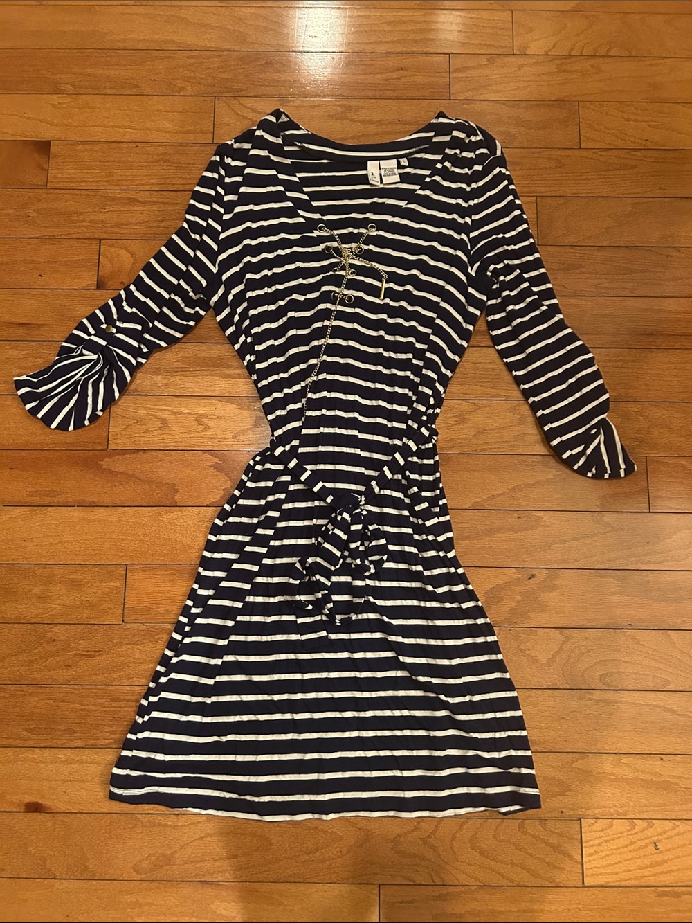 Jules & Leopold Navy and White Striped Long-Sleeve Tie-Waist Dress